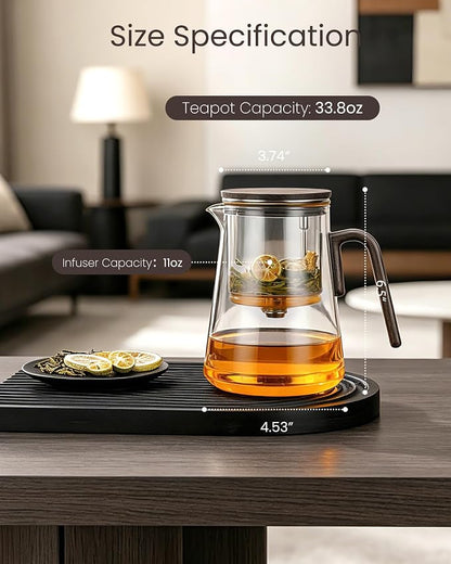 ZENS Magnetic Tea Pot, Large Enchanted Glass Teapot with Infuser and Magnetic Suction Lid for Mess-Free Loose Tea Diffusers, Black Walnut Pattern Handle, Tea Lovers Gifts