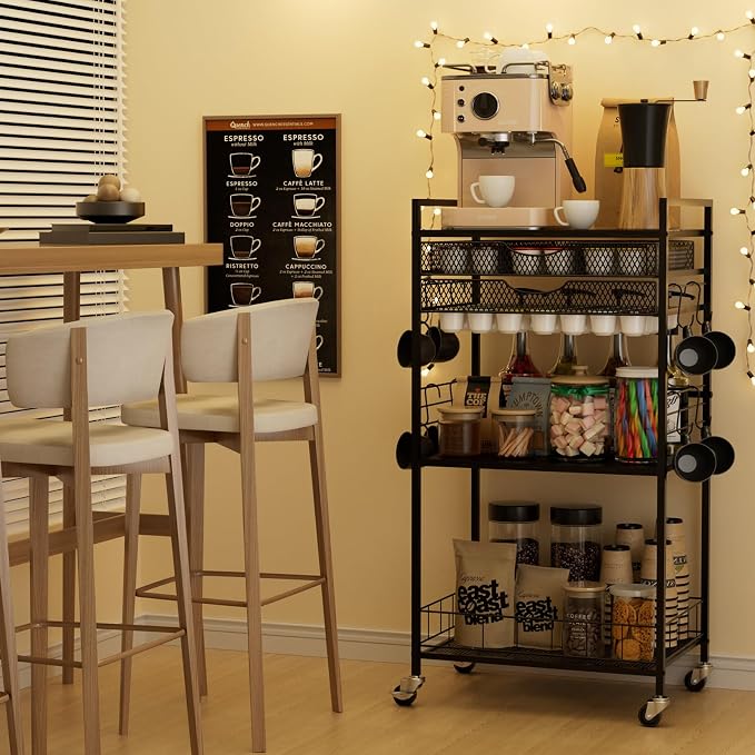Homsorout Coffee Bar Station with Storage Drawer - 5 Tier Coffee Table Countertop Organizer for K Cups, Tea Bags, Sugar Storage and Kitchen Cabinets (Black)