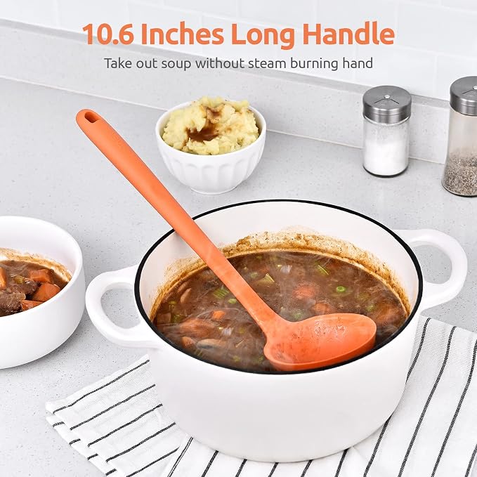 13 inch Silicone Soup Ladle: U-Taste 600ºF Heat Resistant 4 oz Large Non-stick Seamless Rubber Kitchen Deep Serving Spoon with Non-slip Solid Long Handle for Cooking Sauce/Stews/Gravies/Chili(Orange)