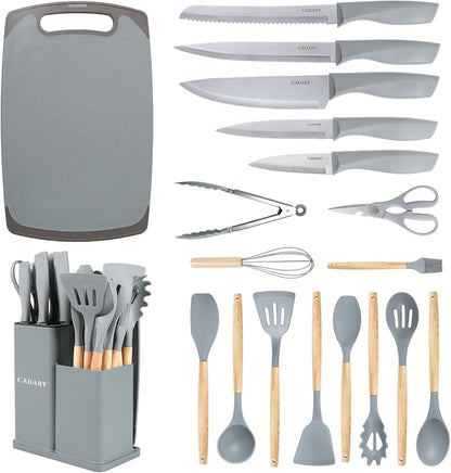 19 PCS Kitchen Cooking Utensils Set, 11 Pieces Silicone Cooking Utensils Set 6 Pieces Sharp Stainless Steel Gray Knife Set with 1 Piece Cutting Board, Ideal for Apartment