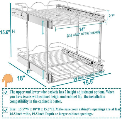 OCG 2 Tier Pull Out Cabinet Organizer (15.5" W x 18" D), Pull Out Drawers for Kitchen Cabinets, Pull Out Shelves for Base Cabinet Organization in Kitchen Bathroom Pantry, Chrome Finish