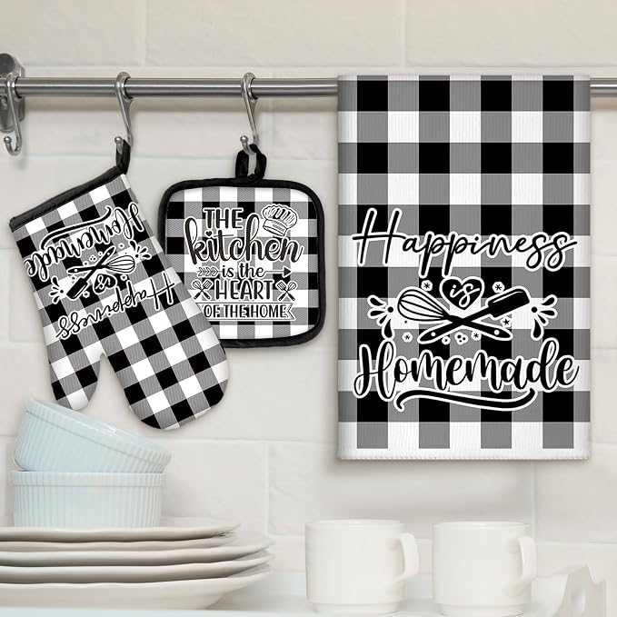 Sratte 6 Pcs Kitchen Decor Accessories Set Farmhouse Towels Pot Holders Oven Mitts Set 2 Dish Towels 2 Potholders 2 Cooking Mittens Oven Glove for Christmas Baking Cooking Supply(Black White,Kitchen)