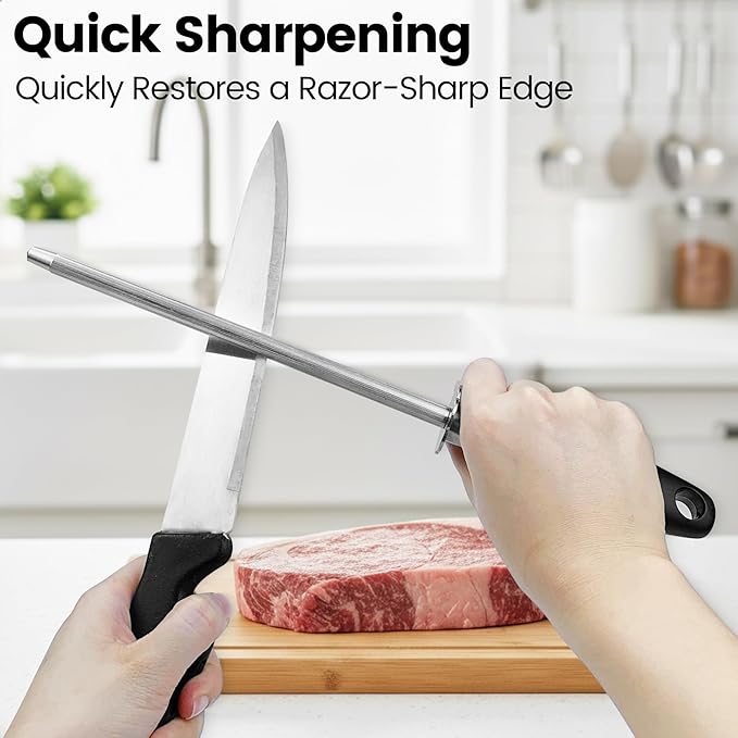 Kitchen Knife Sharpener Rod, Fast Sharpening Professional Blade Sharpener Carbon Steel, Chrome Plated Honing Rod With Hanging Hole, Black 8 Inch