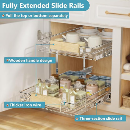LOVMOR 2 Tier Pull Out Cabinet Organizer 13½" W x 21½" D, Slide Out Drawers with Wooden Handle, Sliding Shelves Organization and Storage for Kitchen, Pantry
