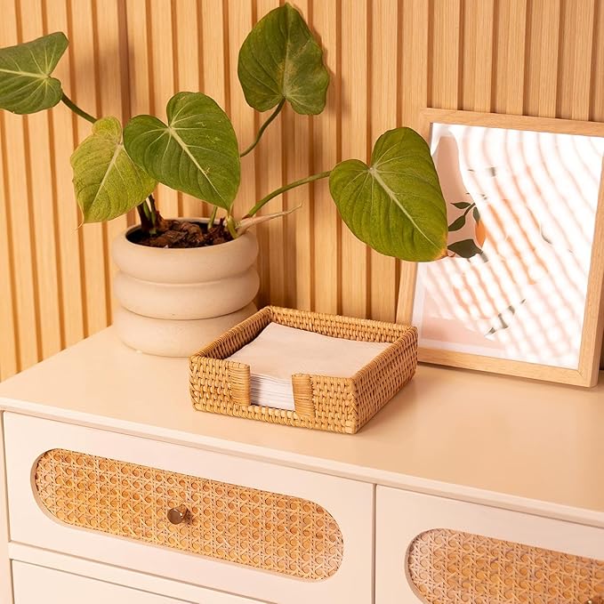 2 Pack Rattan Napkin Holder Square, Napkin Holders for Paper Napkins, 7.5" x 7.5" x 2.5", Wicker Napkin Tray, Woven Guest Towel Holder for Restaurant/Kitchen/Bathroom Napkin Holder for Table