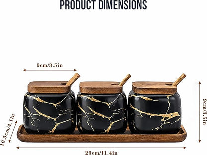 3 Pcs Porcelain Condiment Jar Pot Spice Container Ceramic Seasoning Jar with Lid Spoon and Tray Great for Home Kitchen Counter, Black