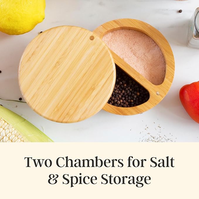 Totally Bamboo Salt Keeper Duet, Salt and Pepper Container with Dual Compartments, Bamboo Spice Cellar with Magnetic Swivel Lid, Countertop Bowls for Seasonings