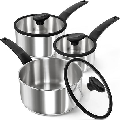 MICHELANGELO Stainless Steel Saucepan with Lid 1QT & 2QT & 3QT, Triply Stainless Steel Saucepans with Bakelite Handle, Premium Nonstick Sauce Pot Set for Kitchen Cooking, Induction Compatible