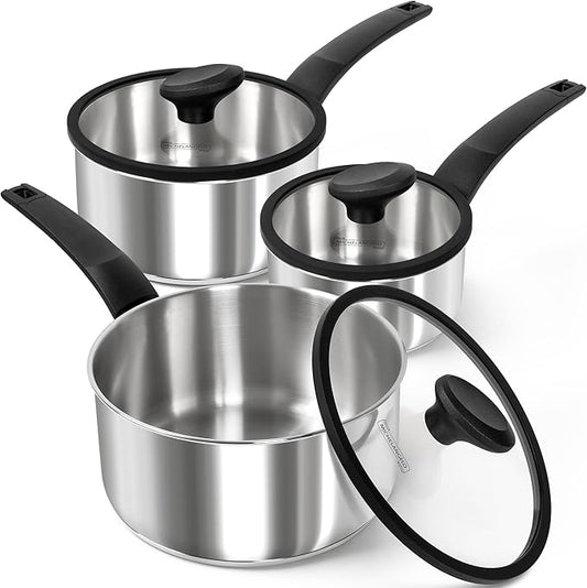 MICHELANGELO Stainless Steel Saucepan with Lid 1QT & 2QT & 3QT, Triply Stainless Steel Saucepans with Bakelite Handle, Premium Nonstick Sauce Pot Set for Kitchen Cooking, Induction Compatible