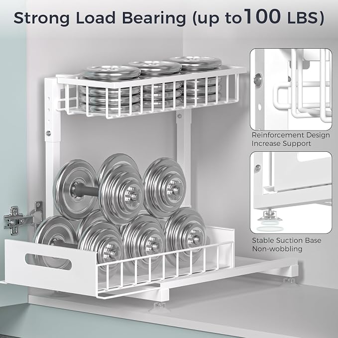 L-Shaped Under Sink Organizer, 2-Tier Pull Out Metal Kitchen Cabinet Organizer with Sliding Storage Drawer, Height Adjustable Heavy Duty Under Bathroom Sink Storage for Cleaning Supplies 1 Pack