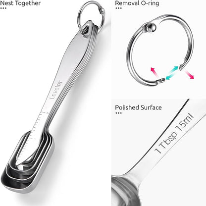 U-Taste Narrow Square Measuring Spoons: 18/8 Stainless Steel Kitchen Measure Teaspoon Tablespoon with Leveler, Polygon Rectangular Metal Jar Scoop for Baking Cooking, Coffee, Spice, Powder (Set of 6)