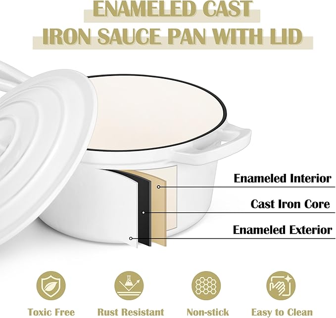 E-far Enameled Cast Iron Sauce Pan, 2 Quart Dutch Oven Saucepan with Lid, Small Sauce Pot for Cooking, Boiling, Healthy & Non Toxic, Induction & Oven Safe, White