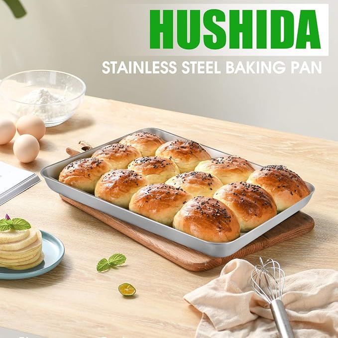 HUSHIDA Stainless Steel Baking Sheet Pan Set, 16 x 12 inches, Includes 2 Sheets + 2 Cooling Racks, Silver, Chemical Free