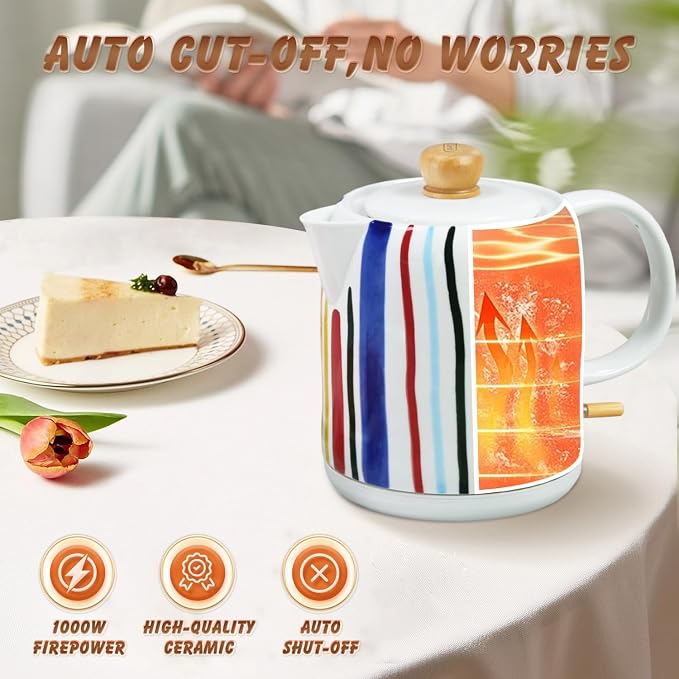 1.0-Liter Ceramic Electric Kettle, 1000W Rapid Boil, Tea Kettles Pot & Hot Water Boiler For Coffee & Tea, Teapot Auto Shut-Off, Boil-Dry Protection (A19)