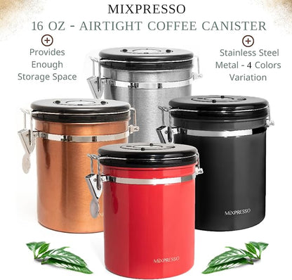 Mixpresso 16 Oz Black Coffee Canister, Stainless Steel Airtight Coffee Container, Air tight Jar Tea Storage with Date Tracker, Vacuum Sealed Espresso Airtight Canister, Sugar Container for Home