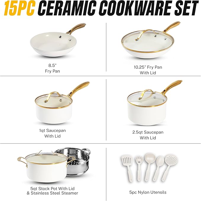 GOTHAM STEEL 15 Pc Ceramic Pots and Pans Set Non Stick, Kitchen Cookware Sets, Pot and Pan Set, Ceramic Cookware Set, Non Toxic Cookware Set, Non Stick Pots and Pan Set Dishwasher Safe, Cream White…
