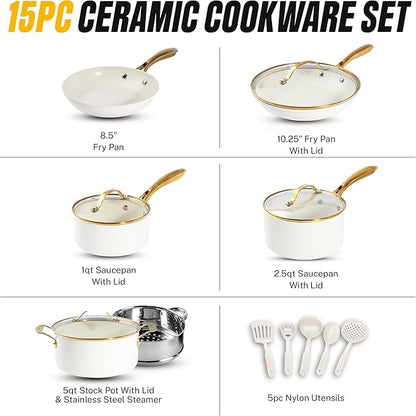 GOTHAM STEEL 15 Pc Ceramic Pots and Pans Set Non Stick, Kitchen Cookware Sets, Pot and Pan Set, Ceramic Cookware Set, Non Toxic Cookware Set, Non Stick Pots and Pan Set Dishwasher Safe, Cream White…