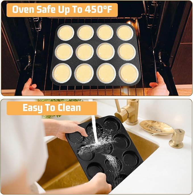 E-far 12-Cavity Muffin Top Pan, 3 Inch Nonstick Shallow Cupcake Pan for Yorkshire Pudding, Eggs, Whoopie Pie, Cornbread, Easy Release & Clean, Standard Size