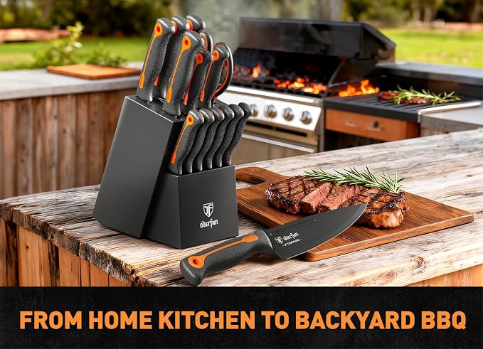 Knife Block Set, 15 PCS Dishwasher Safe Kitchen Knife Set, Non-slip | Razor-Sharp knives set with sharpener, High Carbon Stainless Steel, Ergonomic Handle, Elegant Box for Her Women Dad Father