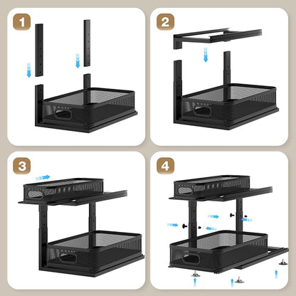 2 Pack 18.5IN-Depth Under Sink Organizer With Next-Gen Ball-Bearing Slides,2-Tier Precision Mesh Pull Out Cabinet Storage for Bathroom&Kitchen,Height Adjustable Drawers Shelf,Anti-rust-Black