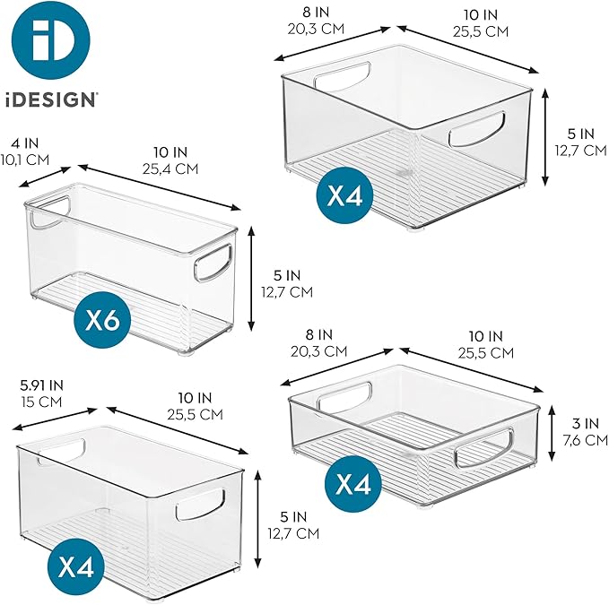 iDesign Stackable Plastic Handle Bin Assortment Set - Storage Organizers for Kitchen, Fridge, Pantry, Home -18 Pack, Clear | Cabinet Organization, Container, BPA-Free