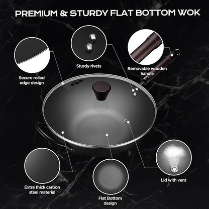 Wok, 13 Inch carbon steel wok pan with steamer & stir-fry pans nonstick, Pre-Seasoned 5.8QT Flat Bottom Chinese Woks Paella Pan with lid, Carbon Steel Cookware, Compatible with All Cooktops