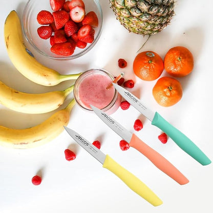 Arcos Paring Knife Set of 3 Pieces 4 Inch Stainless Steel. Colorful Kitchen Knives for Peeling Fruits and Vegetables. Ergonomic Polypropylene Handle. Series Nova. Color Orange, Yellow and Blue.