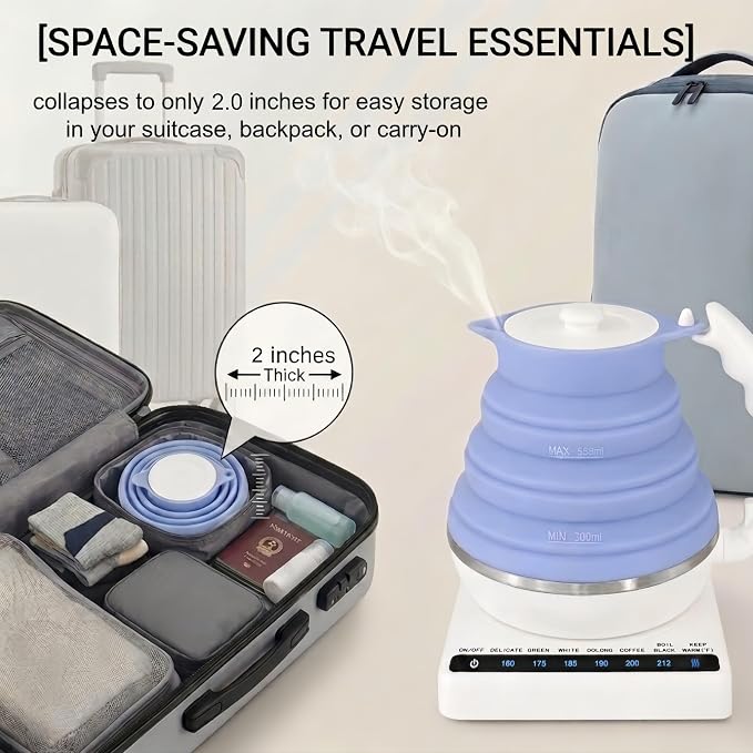 Collapsible Travel Tea Kettle with Temperature Control, Portable Electric Tea Kettle, Collapsible Water Kettle with Detachable Base, BPA-Free Silicone, Keep Warm & Auto Shut-Off, 555ml 110V Blue