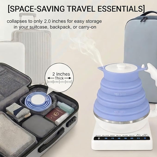 Collapsible Travel Tea Kettle with Temperature Control, Portable Electric Tea Kettle, Collapsible Water Kettle with Detachable Base, BPA-Free Silicone, Keep Warm & Auto Shut-Off, 555ml 110V Blue