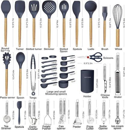 Cooking Utensils Set- 35 PCs Kitchen Utensils with Grater,Tongs, Spoon Spatula &Turner Made of Heat Resistant Food Grade Silicone and Wooden Handles Kitchen Gadgets Tools Set for Cookware