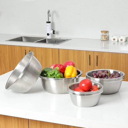 Paoli 304 Stainless Steel Fine Mesh Colander Set, 4.5QT Large Capacity Strainer with Mixing Bowl — Rinse Fruits, Veggies, Rice & Drain Pasta, Dishwasher Safe (2-Piece)