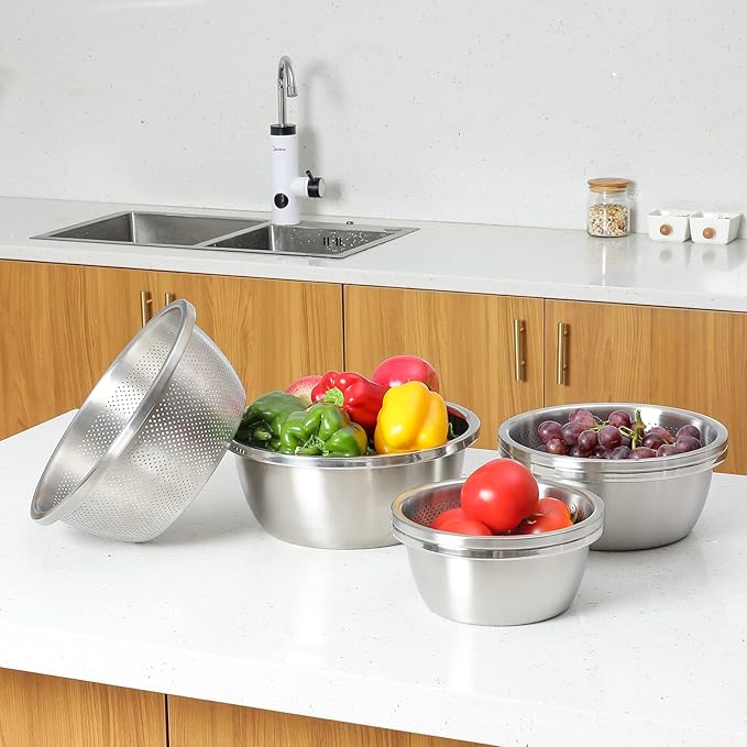 Paoli 304 Stainless Steel Fine Mesh Colander Set, 2.5QT Large Capacity Strainer with Mixing Bowl — Rinse Fruits, Veggies, Rice & Drain Pasta, Dishwasher Safe (2-Piece)