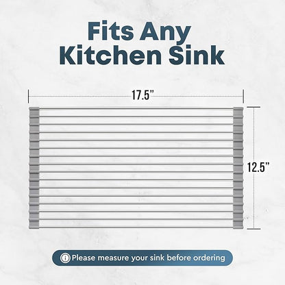 Zulay Kitchen Over The Sink Dish Drying Rack, Roll Up Heavy Duty Stainless Steel Design for Easy Storage & Durability | Dishwasher Safe 17.5” x 12.5