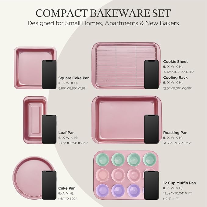 KITESSENSU Baking Pans Sets, Nonstick Bakeware Sets 7-Piece with Round/Square Cake Pan, Loaf Pan, Muffin Pan, Cookie Sheet, Roast Pan, Cooling Rack, Carbon Steel Bake Set Pink