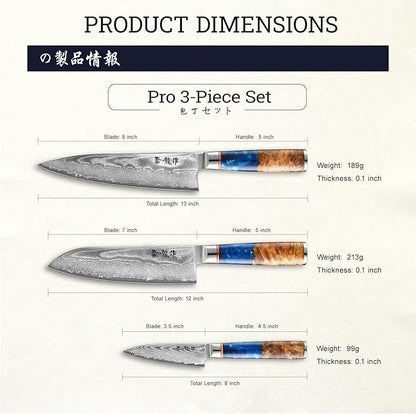 Japanese Chef Knife Set 3 Pcs, 67-Layer Damascus Kitchen Knife Set with VG10 Steel Core, Professional Sharp Damascus Knives with Ocean-Blue Ergonomic Handle, Include Elegant Cooking Gifts Box