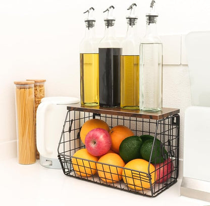 Mefirt Fruit Bowl, Stackable Wall Mounted Fruit Basket of Smooth Wood Lid with 4 Banana Hanger Hooks, Metal Kitchen Counter Organizer for Snack, Fruit and Vegetable Storage, 11.8 * 7.9 * 8.5 Inches