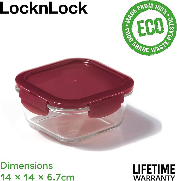 LocknLock Eco Ovenglass Glass Food Containers with Lids Set of 5 - Airtight, Leakproof Square Food Storage Containers with Recycled Plastic Lids, Oven Safe, Dishwasher Safe, 5 x 500ml