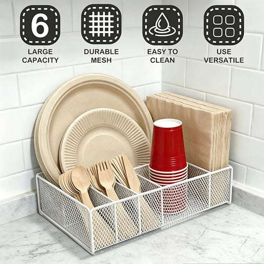 Paper Plate Organizer for Countertop - Metal Utensil Caddy Silverware Holder Cutlery Flatware Plastic Spoon Fork Plates Napkins Cup Storage Dispenser Party Picnic Essentials Camping White