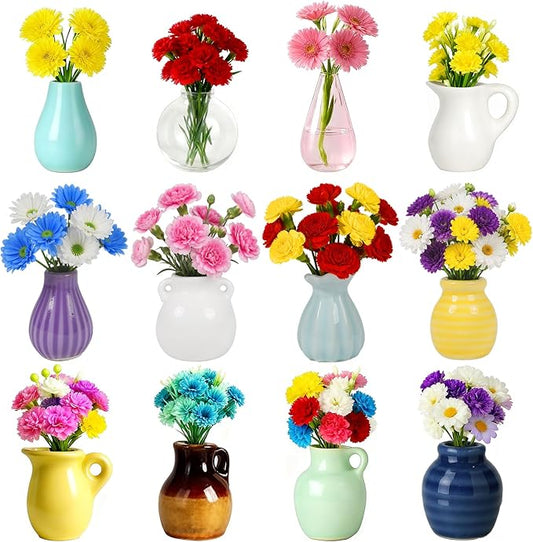 Renmxj 12 Pcs Refrigerator Magnets - Cute Mini Ceramic Vase Fridge Magnets with Artificial Flowers, Funny Tiny Vase Magnet for Fridge Decorative, Office, Kitchen, Locker, Whiteboard