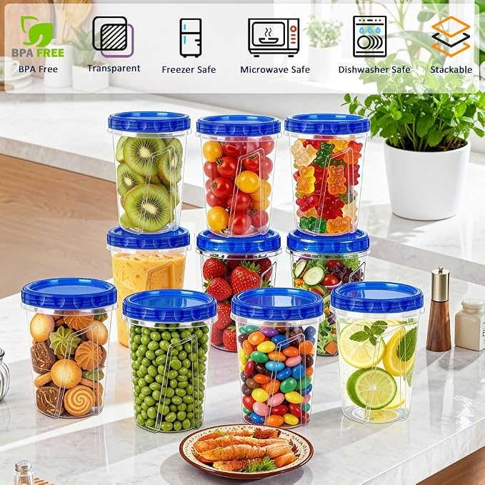 15 Pack 34oz Reusable Freezer Storage Containers with Twist Top Lids Airtight, Clear Plastic Soup Freezer Containers, Quart Food Storage Containers with Lids for Meal Prep Leftover Lunch Salad Fruit