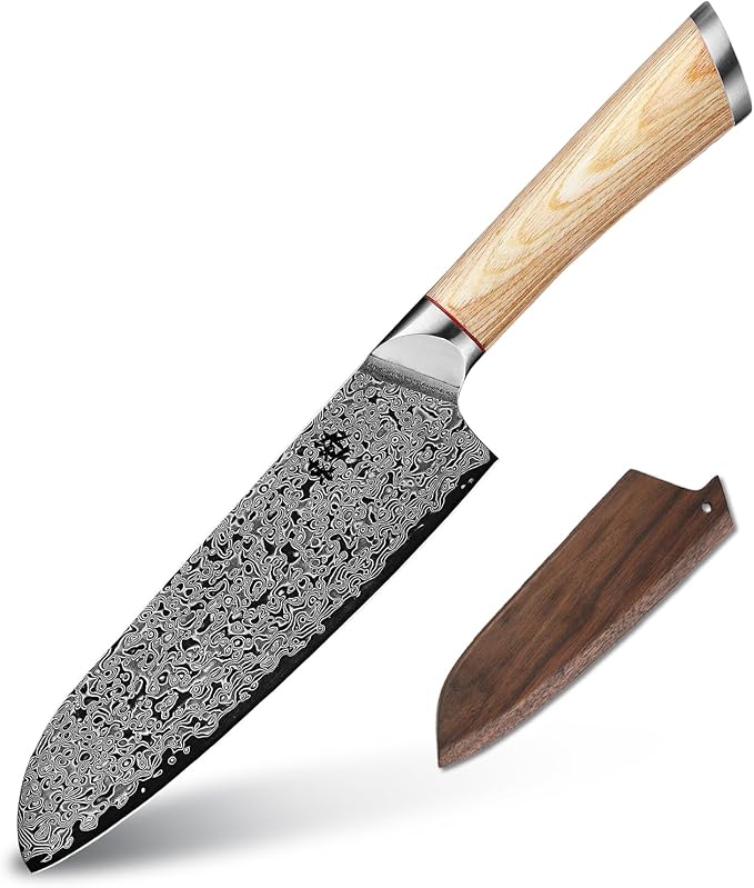 DONGSUN 7 Inch Damascus Santoku Knife with North American Black Walnut Sheath, 67-Layer VG10 Forged Steel Japanese Kitchen Knife, Professional Durable Sharpness
