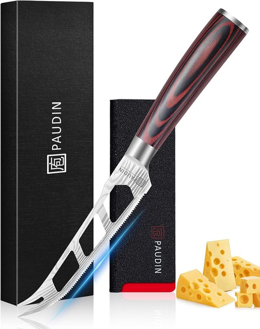 PAUDIN Cheese Knife, 5 Inch Serrated Knife, Multi-Use Tomato Knives with Ergonomic Pakkawood Handle, High Carbon Steel Ultra Sharp Small Kitchen Knives