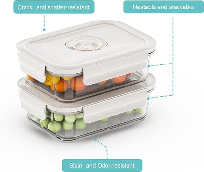 Vacuum Seal Glass Food Storage Containers, 6pcs Containerswith 10pcs Sous Vide Bags/ 1pc Automatic Pump, Meal Prep Container with Airtight Locking Lids for Lunch,Long-Lasting Freshness
