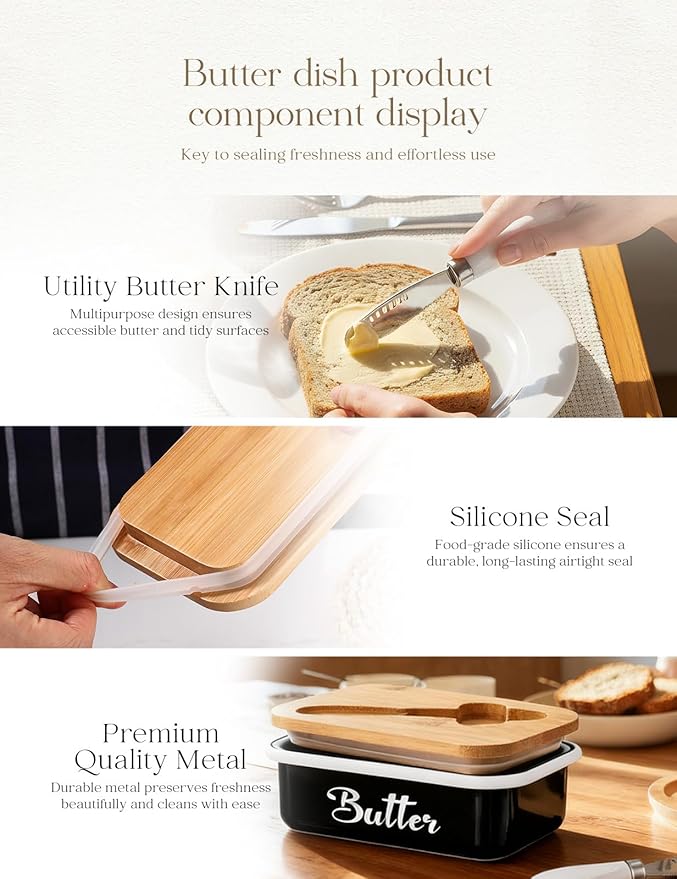 Butter Dish with Lid for Countertop, AISBUGUR Metal Butter Keeper with Stainless Steel Multipurpose Butter Knife, Large Butter Container with Double High-quality Silicone Good Kitchen Gift Black