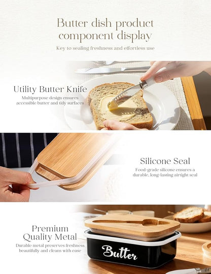 Butter Dish with Lid for Countertop, AISBUGUR Metal Butter Keeper with Stainless Steel Multipurpose Butter Knife, Large Butter Container with Double High-quality Silicone Good Kitchen Gift Black
