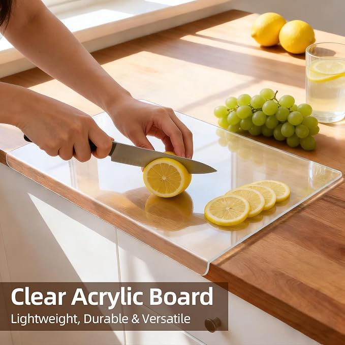 Cutting Board Set of 2 – Acacia Wood & Acrylic Cutting Board with Counter Lip for Kitchen, Wooden Chopping Board with Juice Grooves for Vegetables, Fruits, Meat