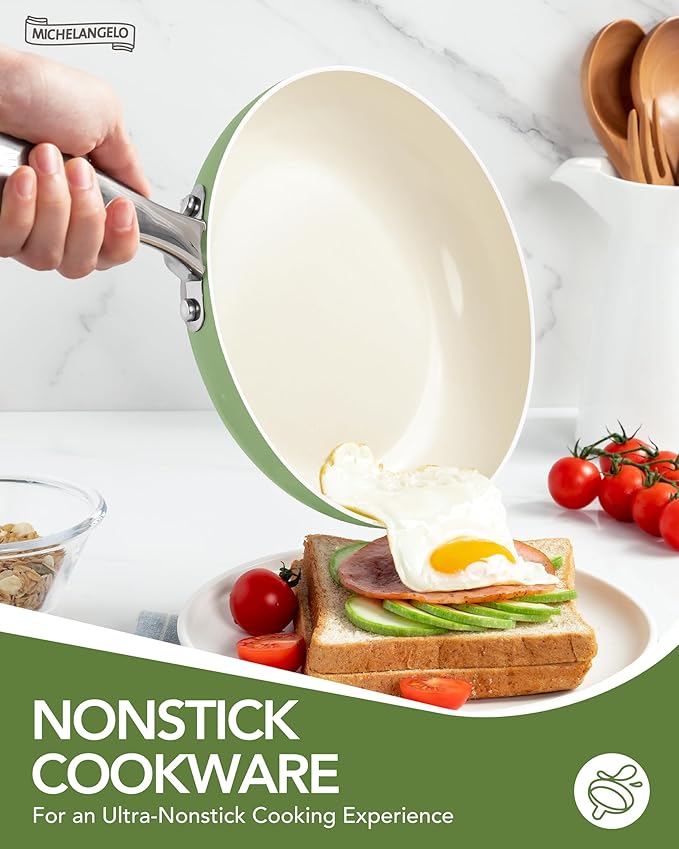 MICHELANGELO Pots and Pans Set Non Stick 8 Piece Ceramic Cookware Set Green | PFAS-Free Green Ceramic Nonstick Cookware Set for Eggs, Fish, Vegetables, Low-Oil Cooking and Induction Stoves, Easy Cleanup