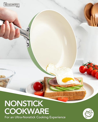 MICHELANGELO Pots and Pans Set Non Stick 8 Piece Ceramic Cookware Set Green | PFAS-Free Green Ceramic Nonstick Cookware Set for Eggs, Fish, Vegetables, Low-Oil Cooking and Induction Stoves, Easy Cleanup