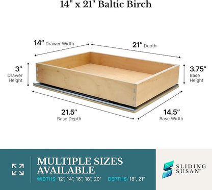 SlidingSusan 9 Ply Baltic Birch Pull Out Cabinet Drawer Organizer 14 Inch Wide x 21 Inch Deep Soft Close Sliding Shelf for Kitchen Cabinets, Pantry & Storage Areas, Heavy Duty Wooden Pullout Inserts