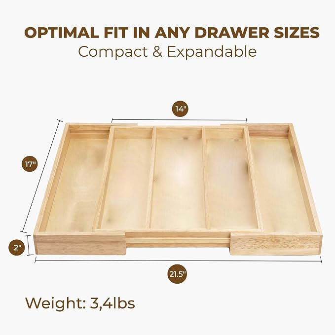 Utensils Organizer Rubberwood, Expandable Silverware Drawer Organizer with 5 Compartments, Wooden Kitchen Storage Tray Holder for Cutlery, Flatware & Utensils